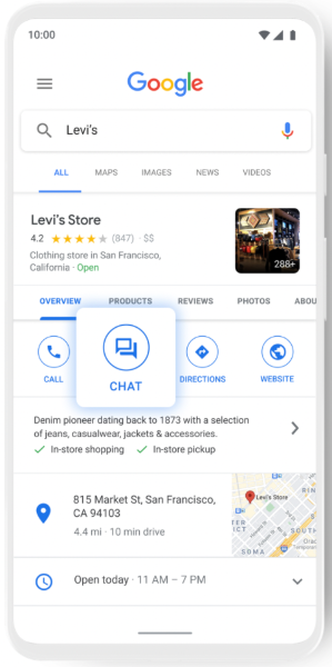 Customers can reach out to Levi’s via the chat button on Google Maps (mobile only)