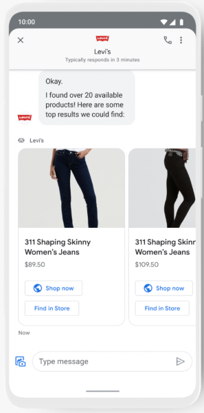 Customers can view Levi’s products when interacting with Levi’s virtual agent on Google Maps