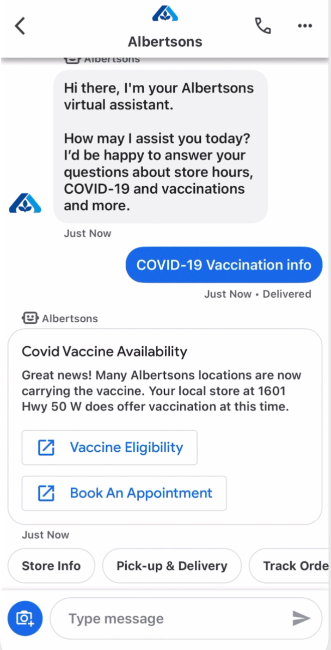 Customers can get information about vaccine eligibility and book an appointment straight from Albertsons Co.'s virtual agent