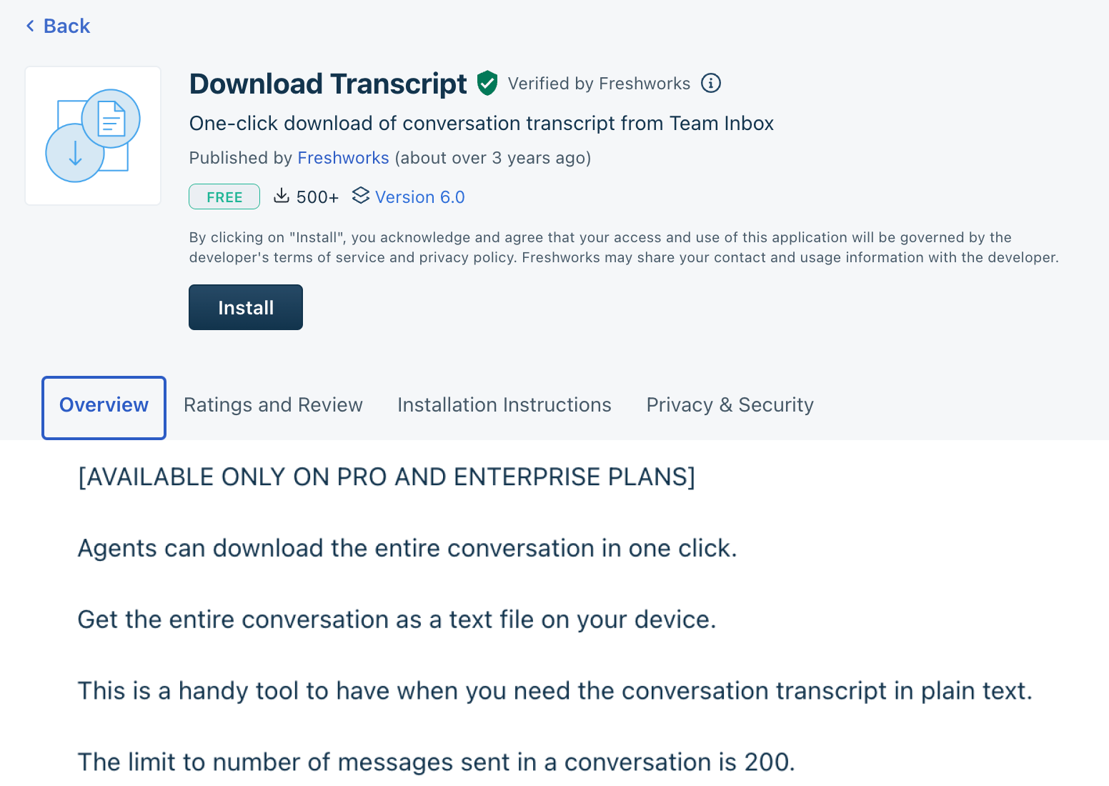 FreshChat's platform stating that the feature of downloading your chat transcript is only available on its paid plans, Pro and Enterprise.