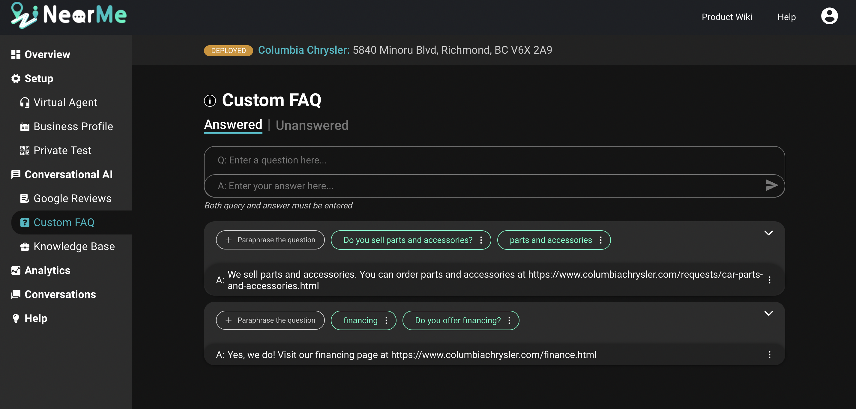 Near Me Messaging provides a custom FAQ feature to personalize the virtual agent