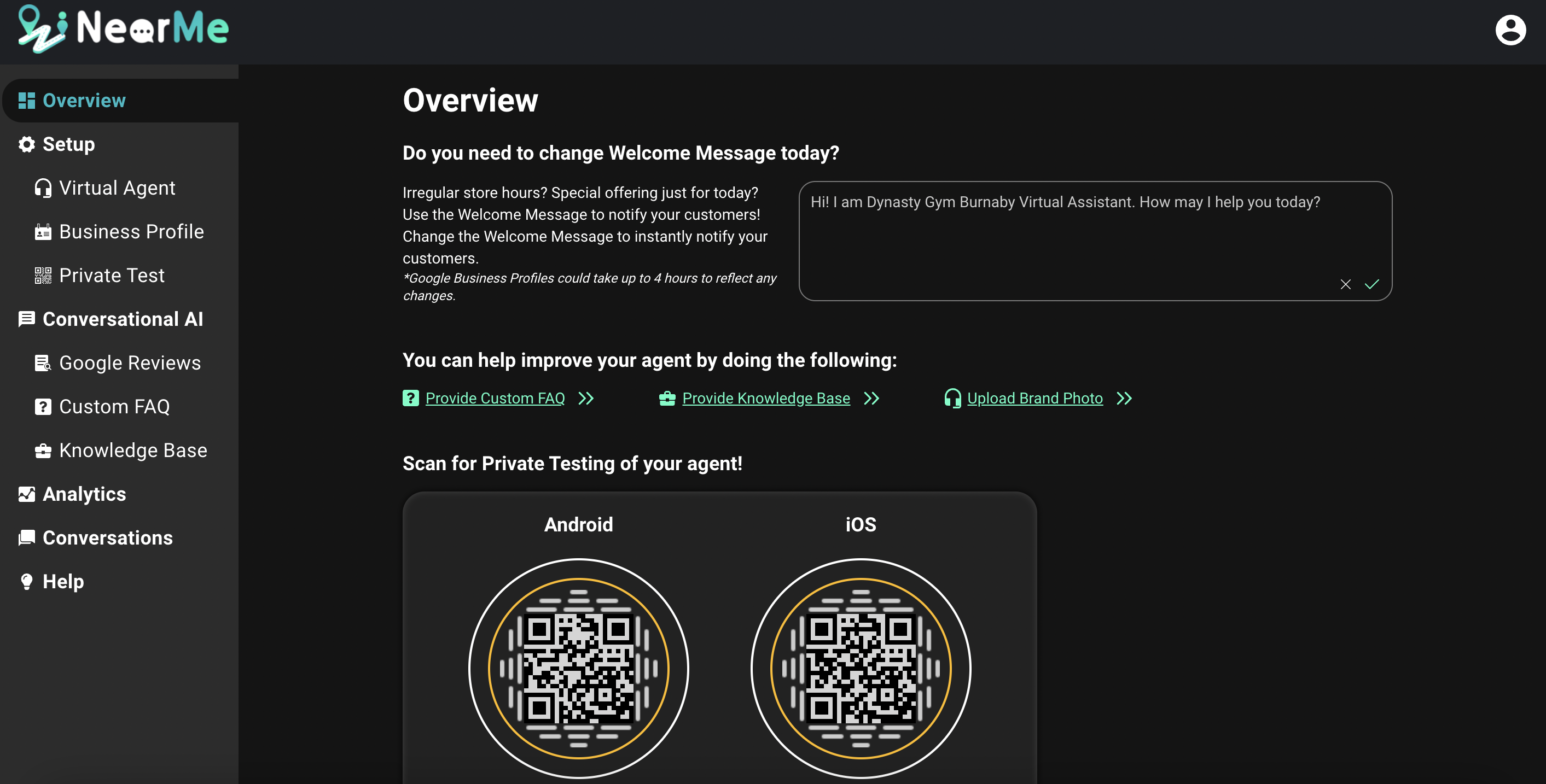 The interface of Near Me Messaging Overview page where business owners can modify the welcome message and improve their virtual agent