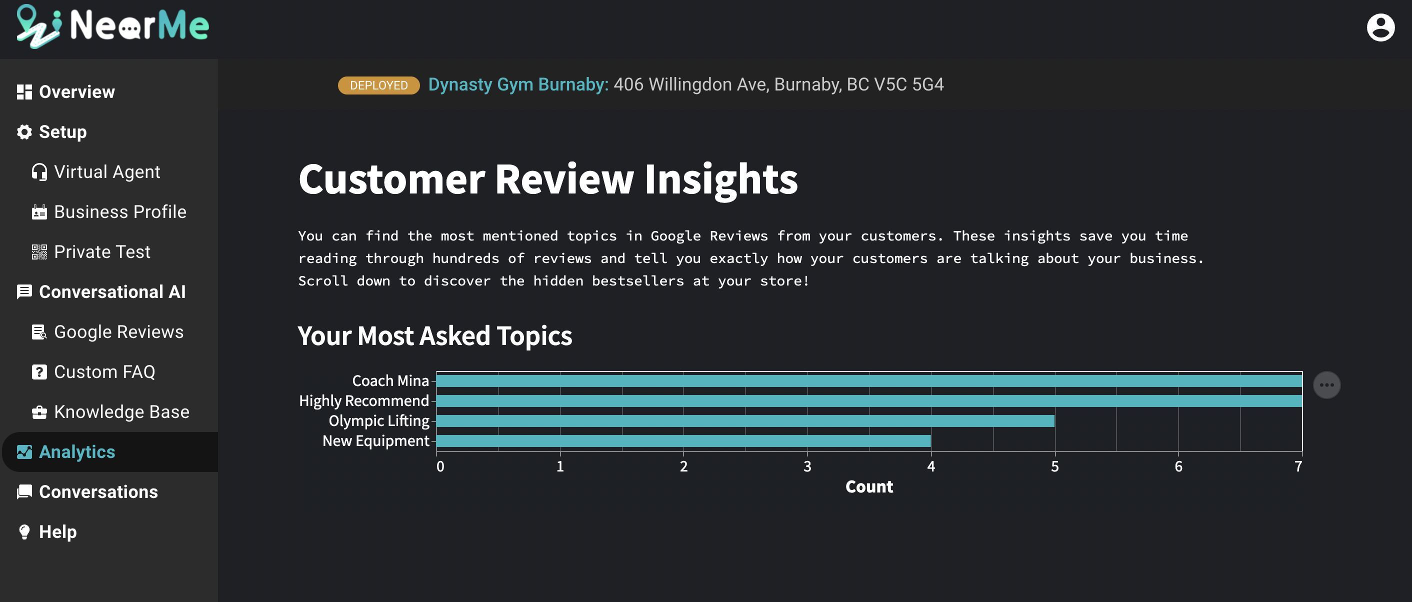 Near Me Analytics allows you to find the most mentioned topics in Google Reviews.