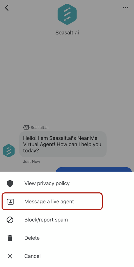 Customers can request a live agent through the chat button on the Google Maps profile.