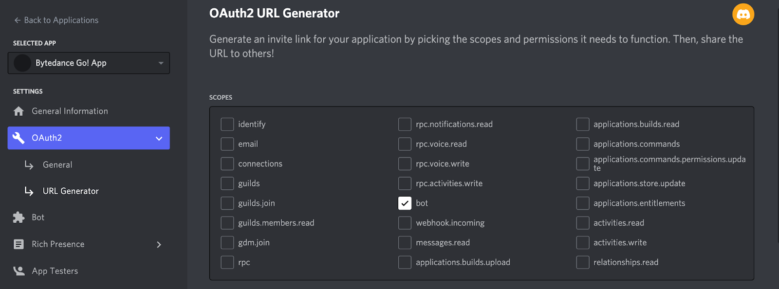 Generate an invite link for the Discord bot.