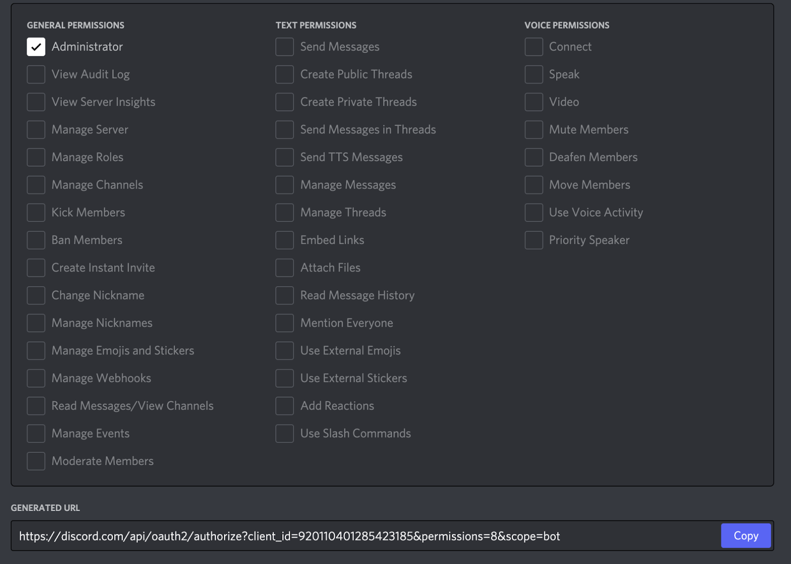 Discord bot permission settings.