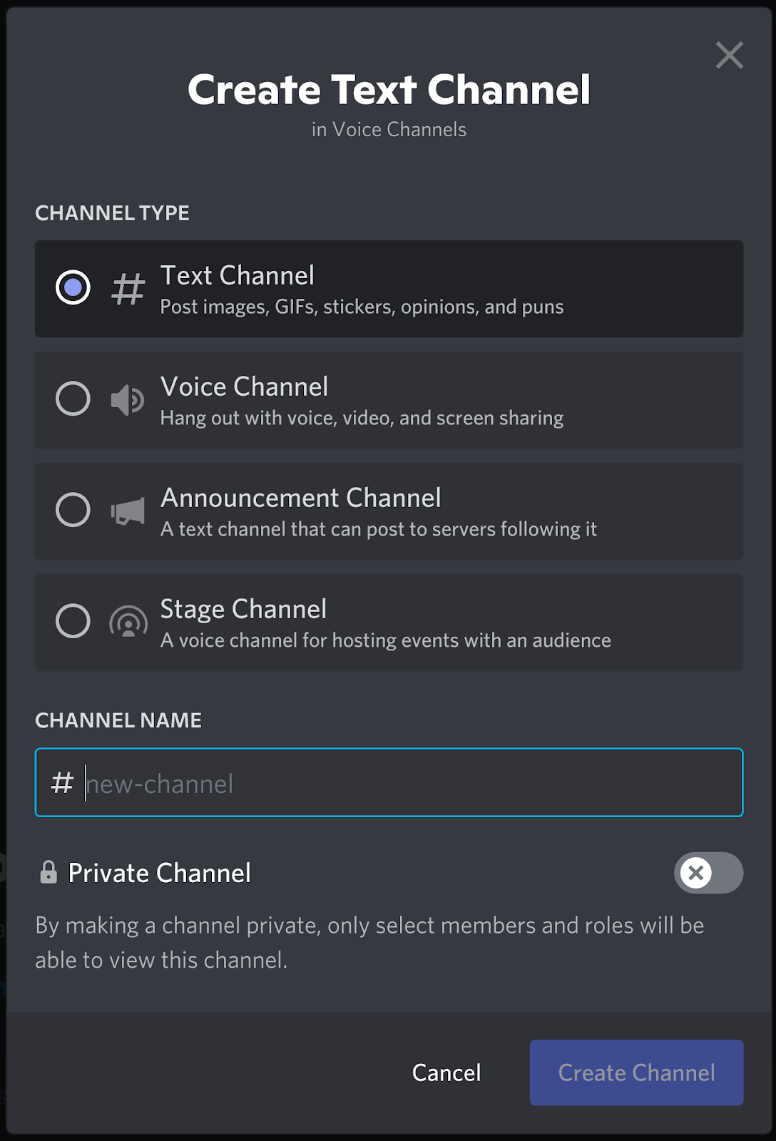 Creating a new channel in a Discord server.