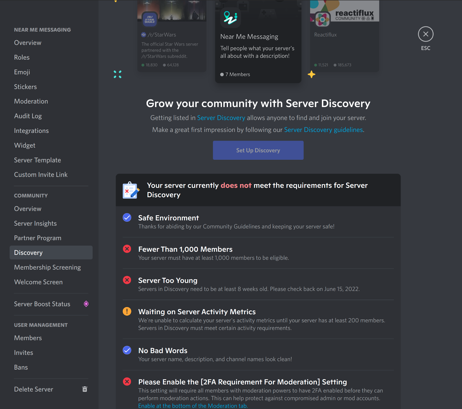 Discord Discovery settings and requirements.