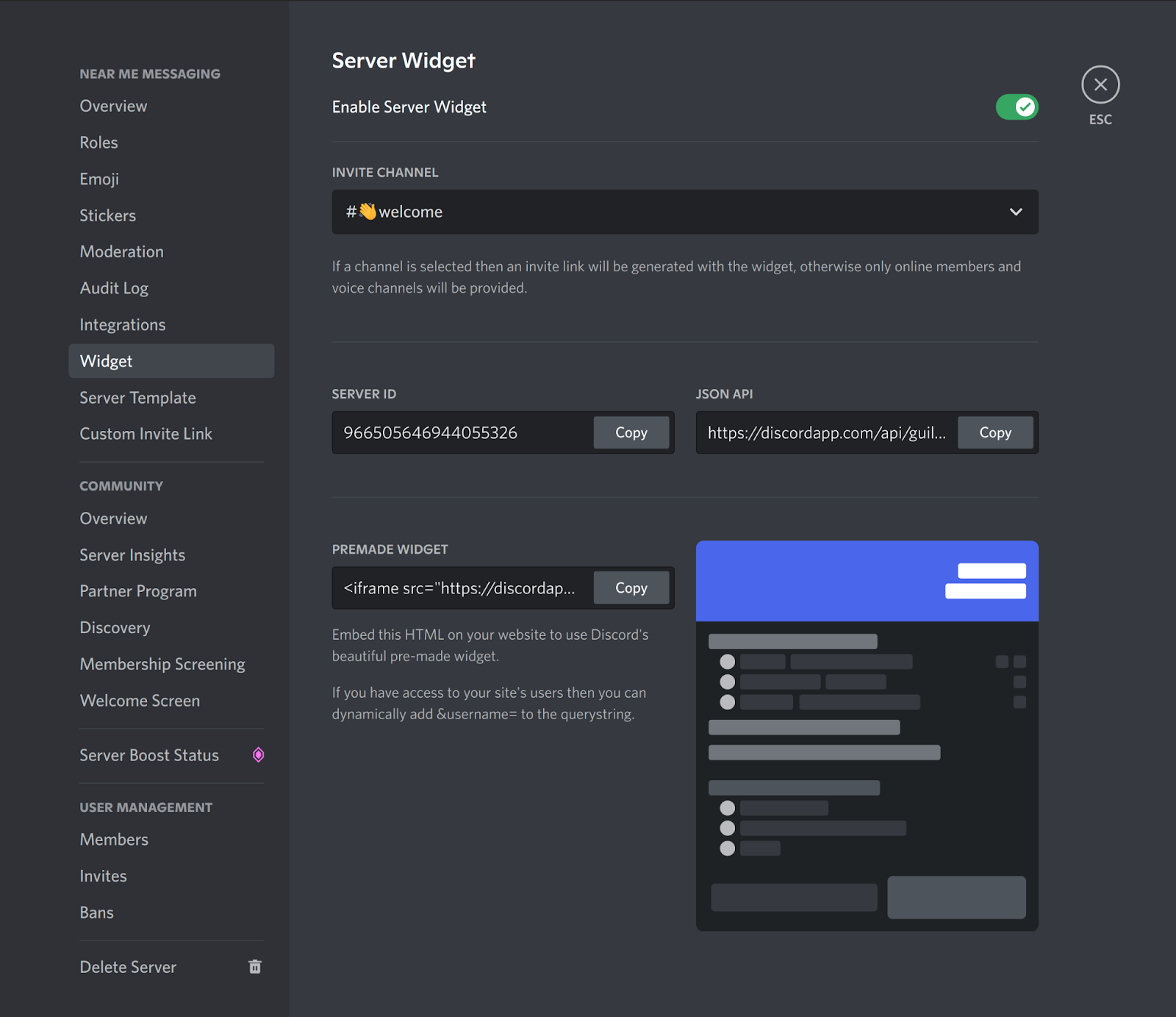 Discord server widget settings.