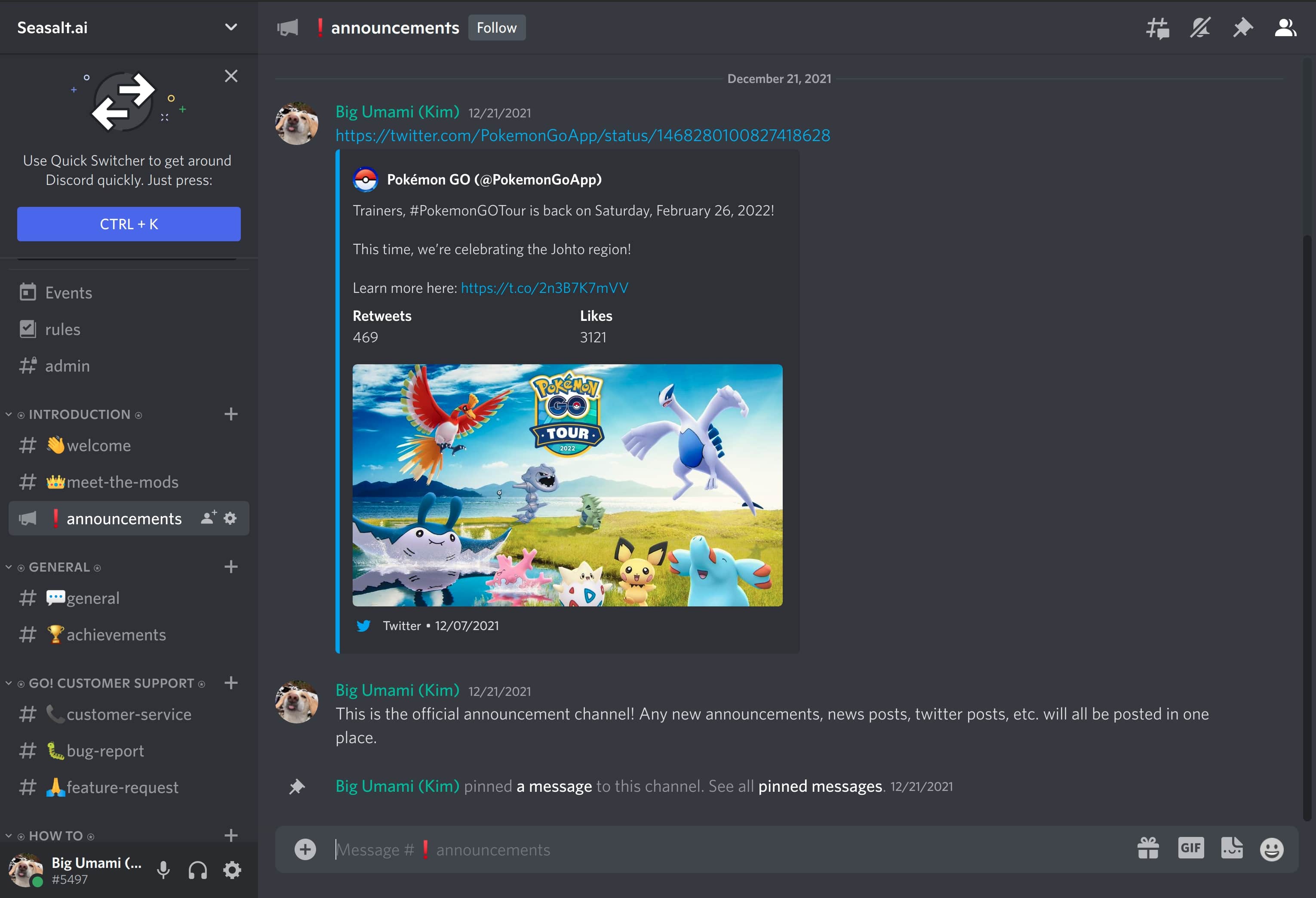 The accouncements channel on the Discord server, featuring a post from an official Twitter account.