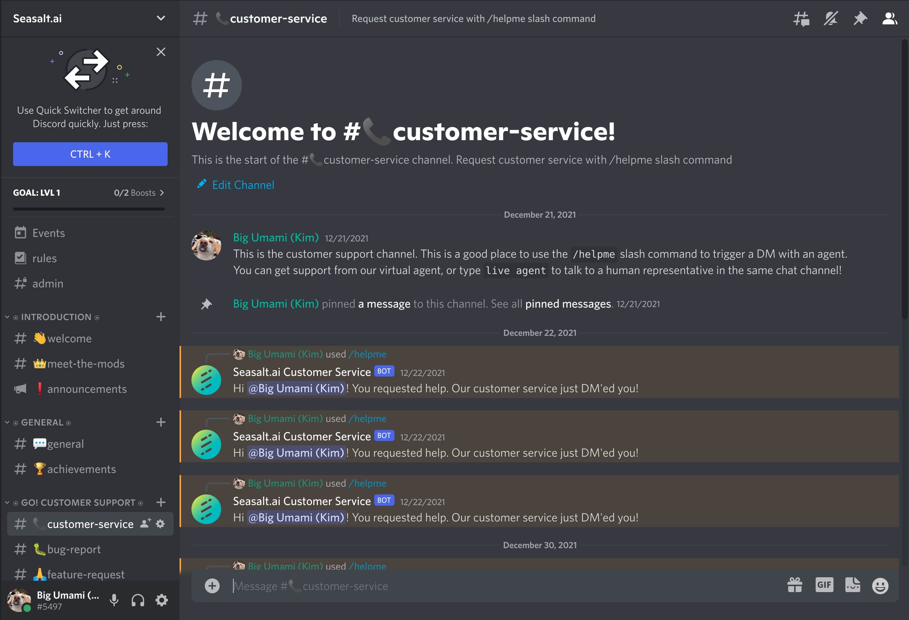The customer service channel on the Discord server, featuring a user triggering a DM.