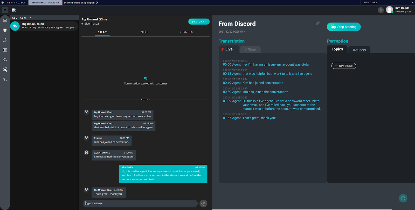 The SeaX interface displaying the live agent's view of a conversation with a user on Discord.