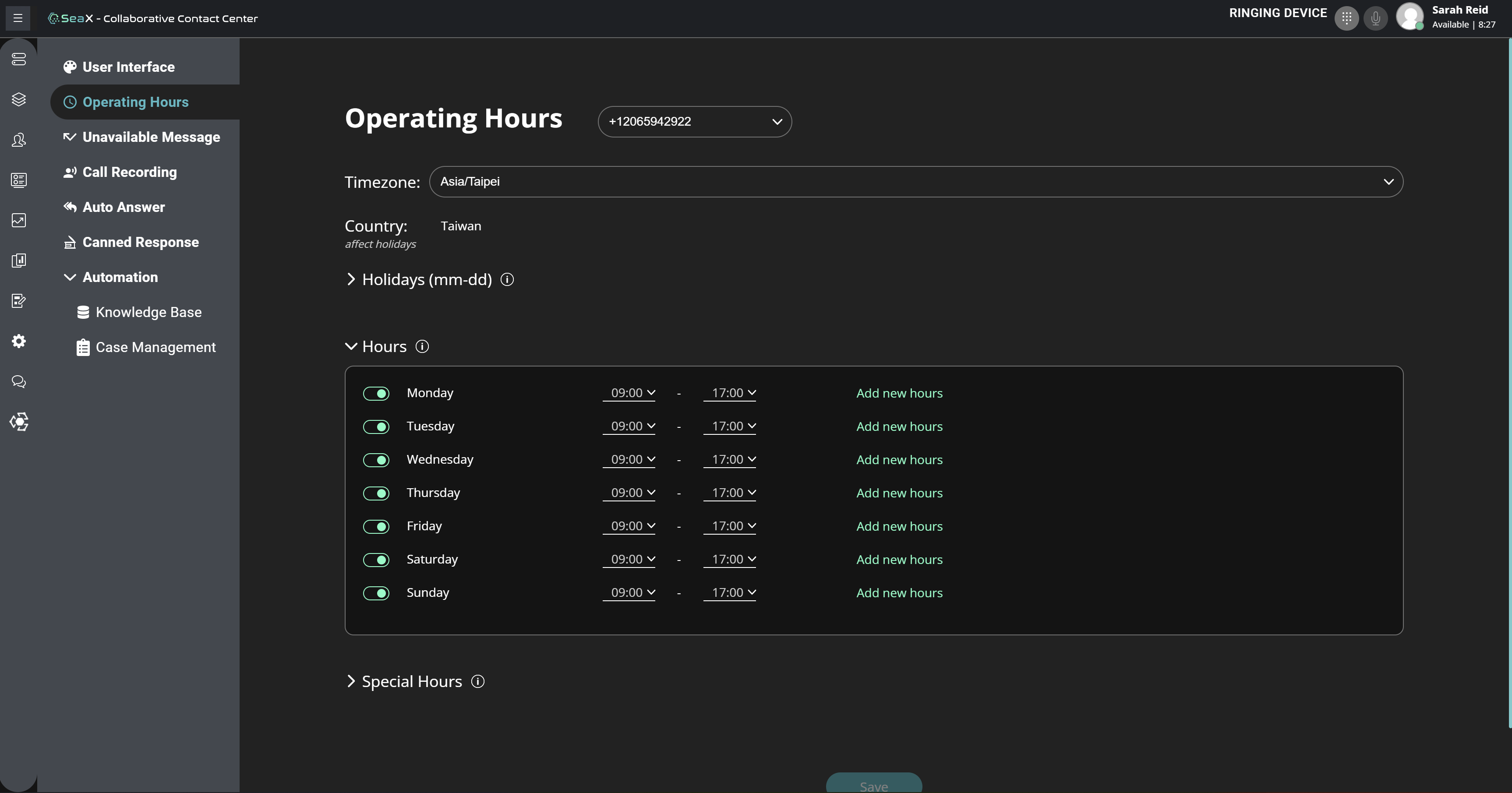 Customize operating hours by phone number, so you can control settings separately for your separate locations around the world.