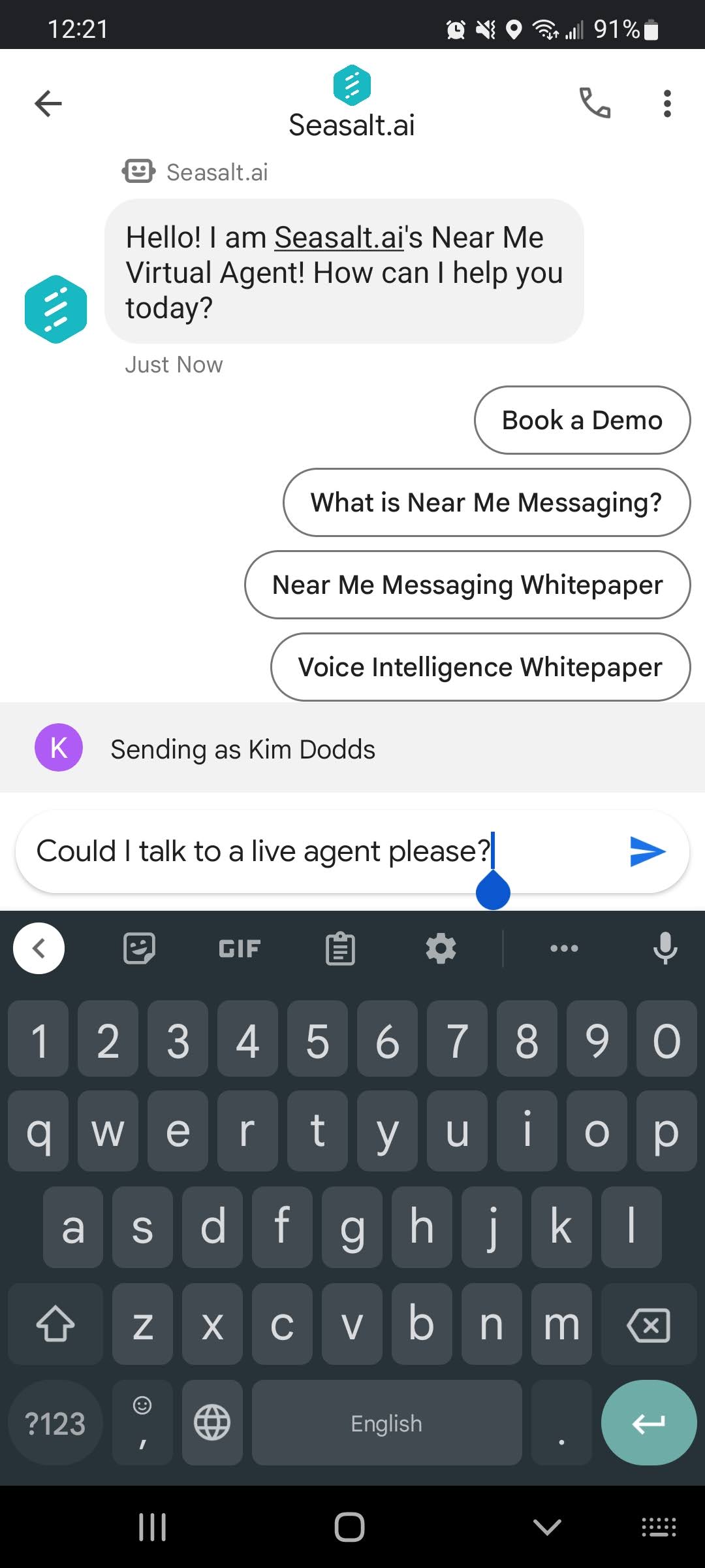 User sends a message to a business via Google Business Messages.