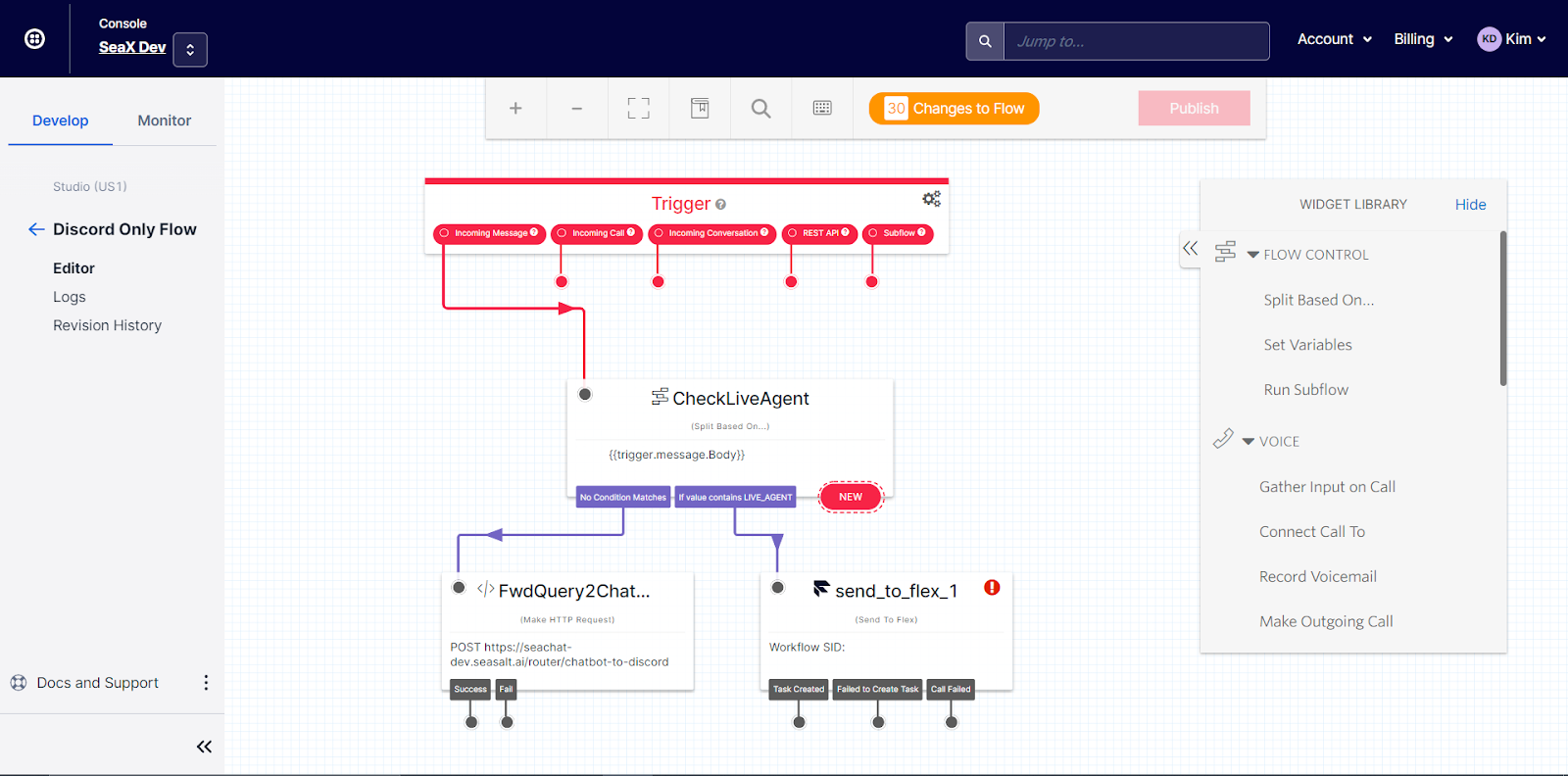 A simple Studio Flow which routes messages to a chatbot or a live agent.