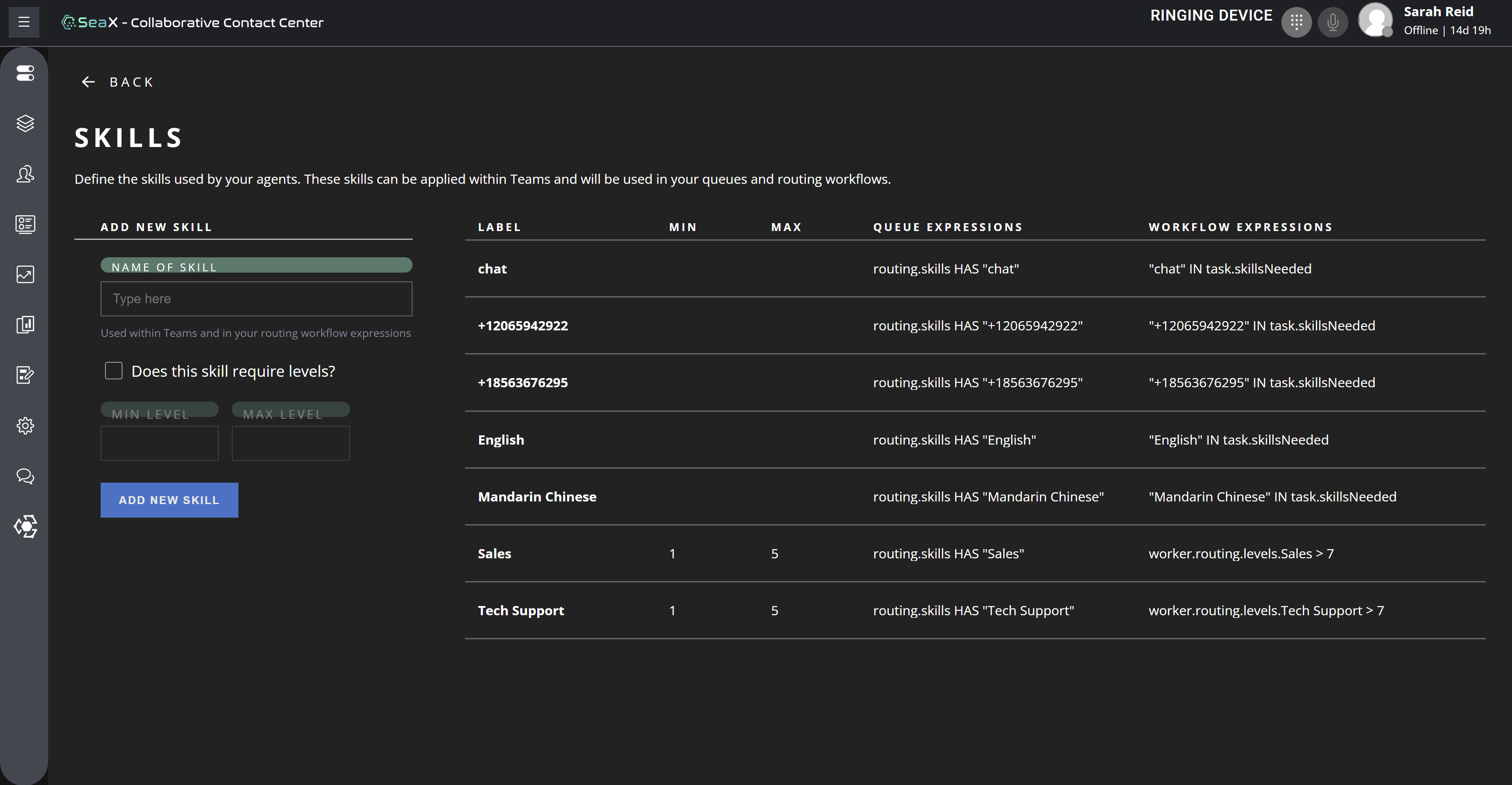 Skills defined in the TaskRouter for routing incoming calls and messages.