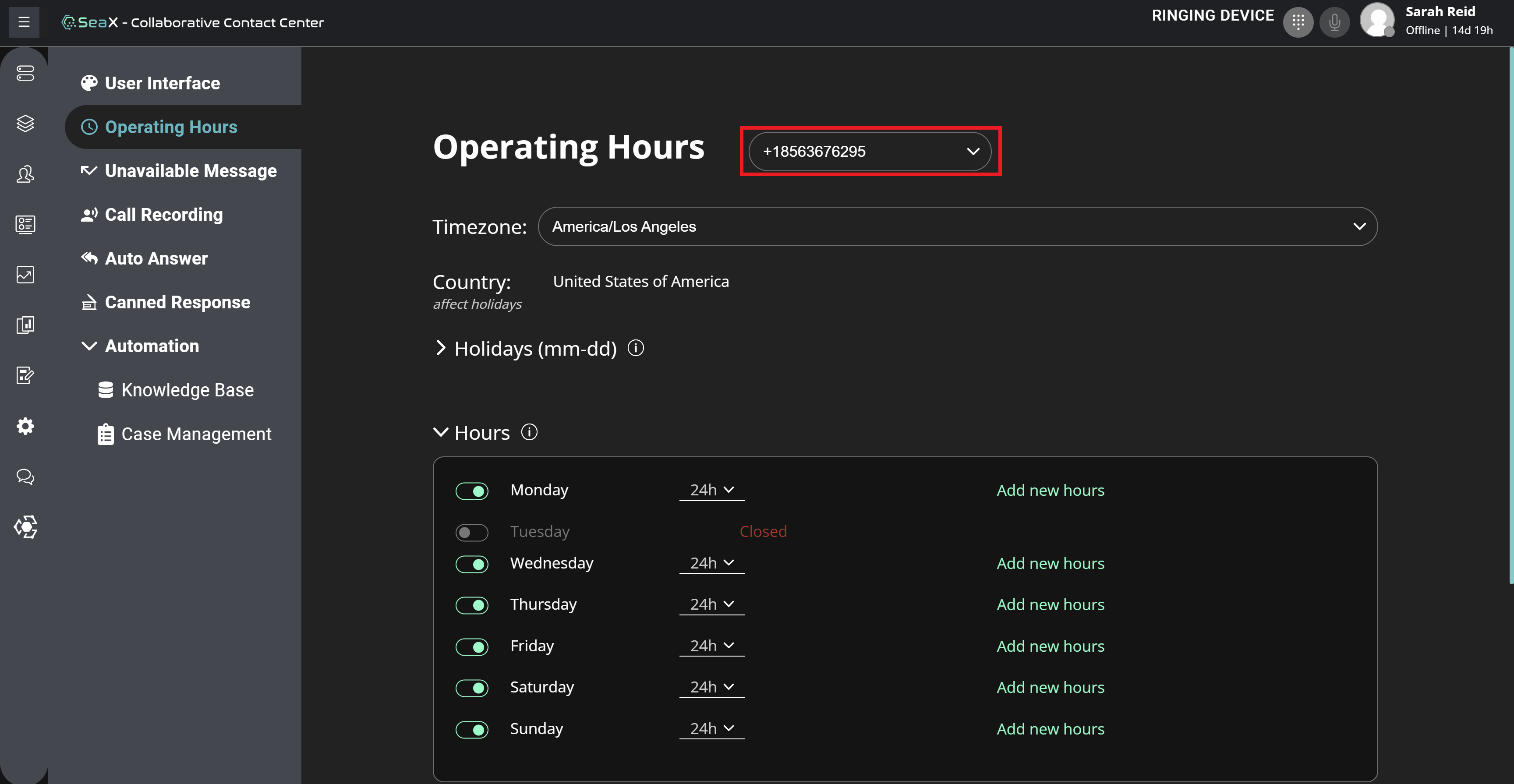 Operating hours for two different phone numbers in two different time zones on the same SeaX instance.