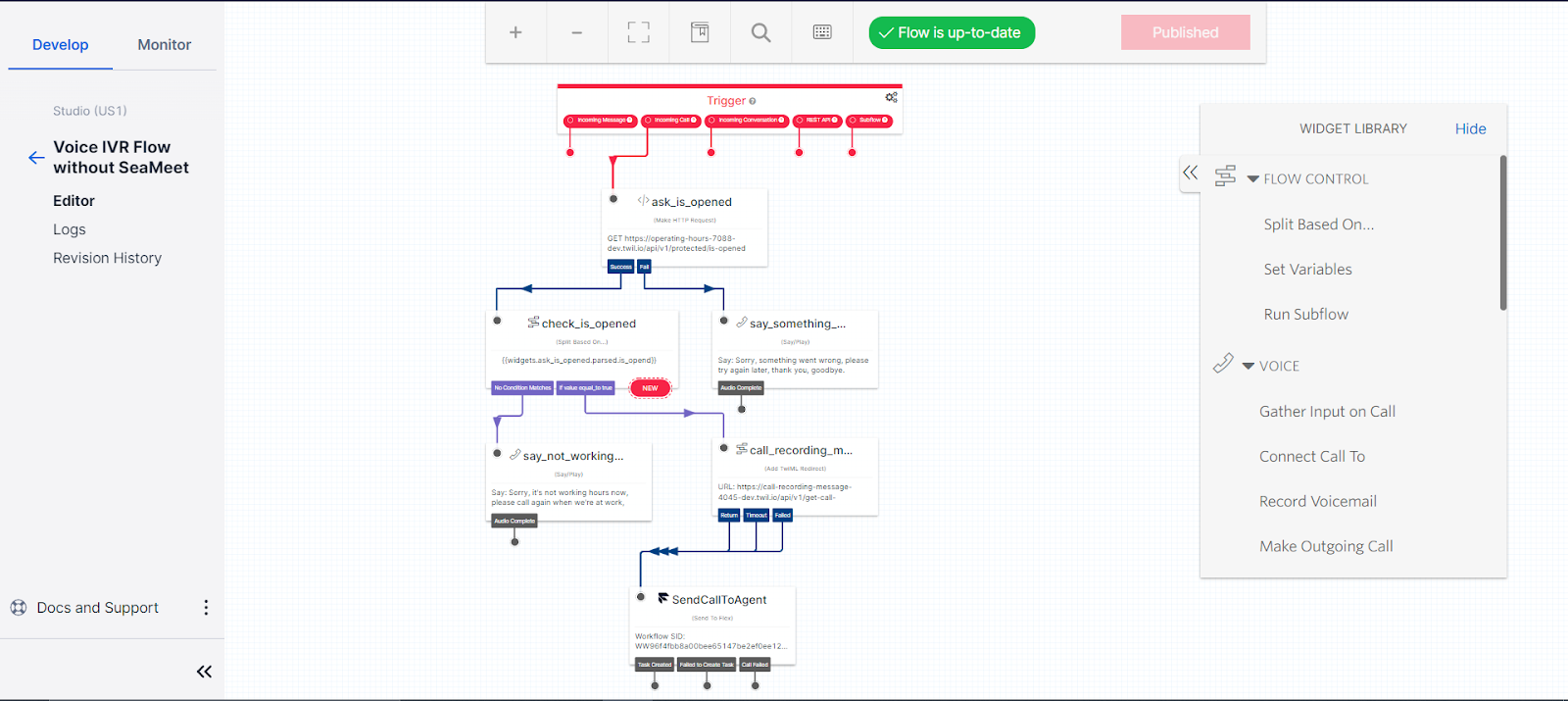 Voice IVR flow using Seasalt.ai's speech-to-text engine for real-time transcription and call routing.