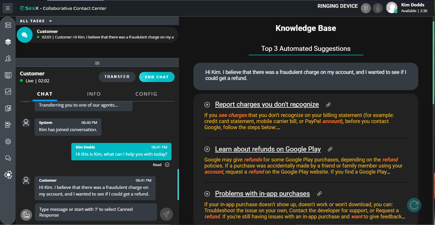 SeaX KB showing automatic article suggestions for an incoming user message.