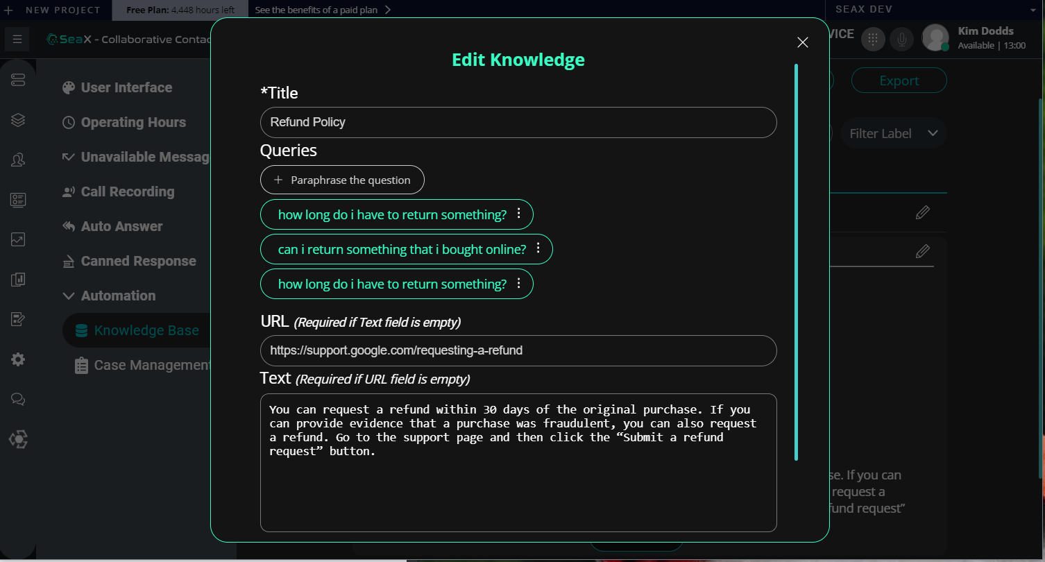 Editing a single KB article via the SeaX KB management interface.