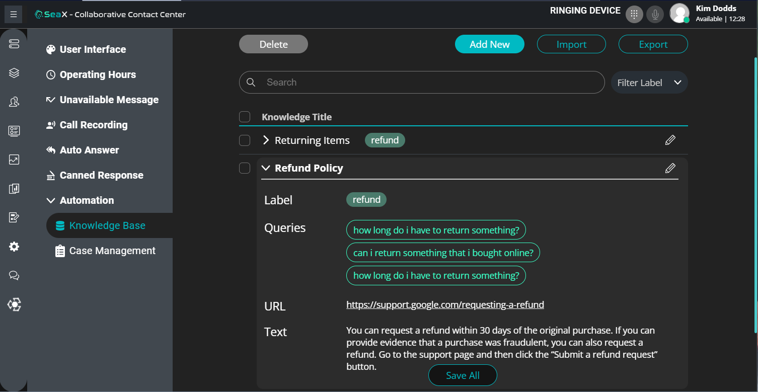 SeaX KB management interface.