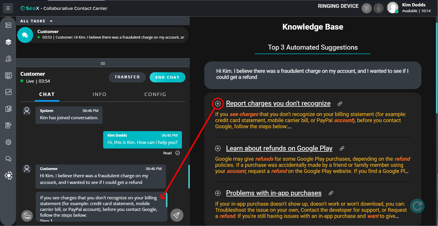 An agent responds to a customer in one click using SeaX KB's generated response template.