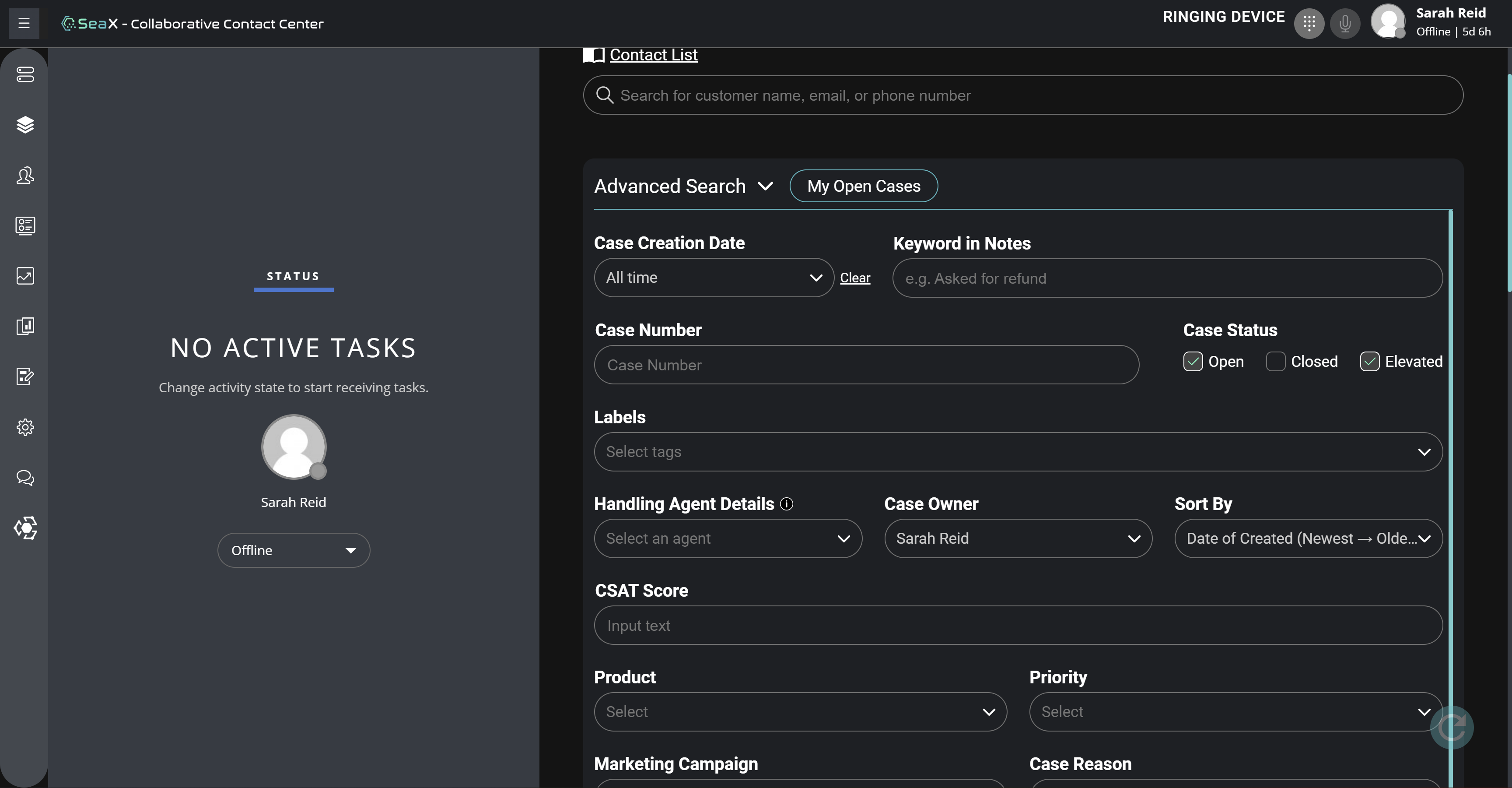 SeaX Case Management search interface.