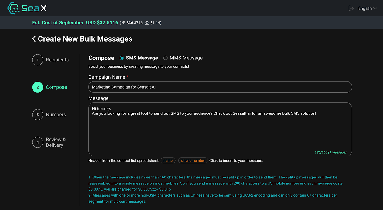 Composing a new SMS message with SeaX Bulk SMS.