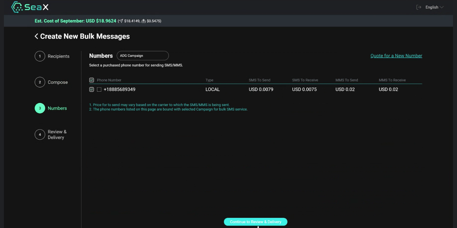 Selecting the sending phone numbers and getting and campaign cost estimate with SeaX Bulk SMS.