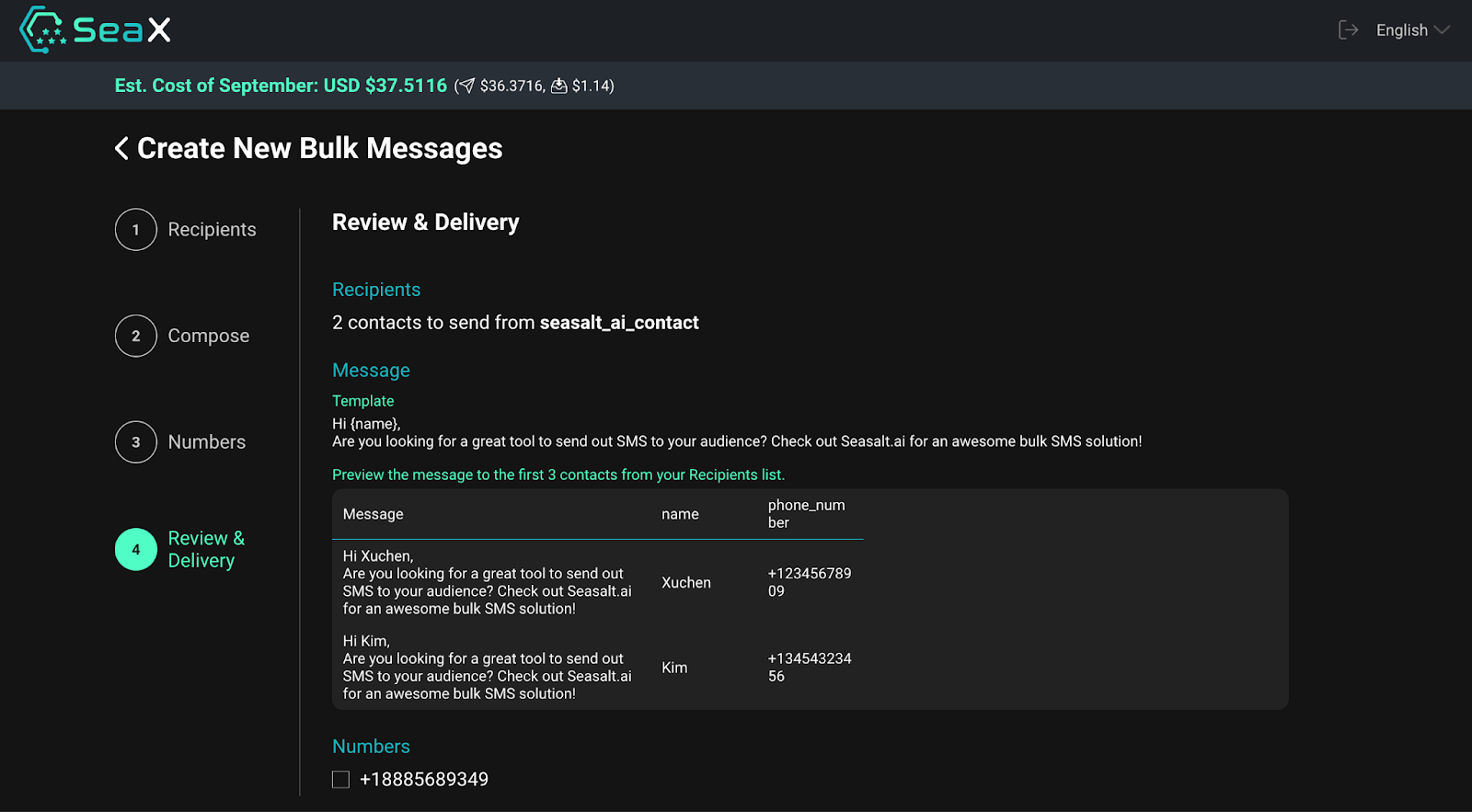 Previewing a Bulk SMS campaign before sending with SeaX.