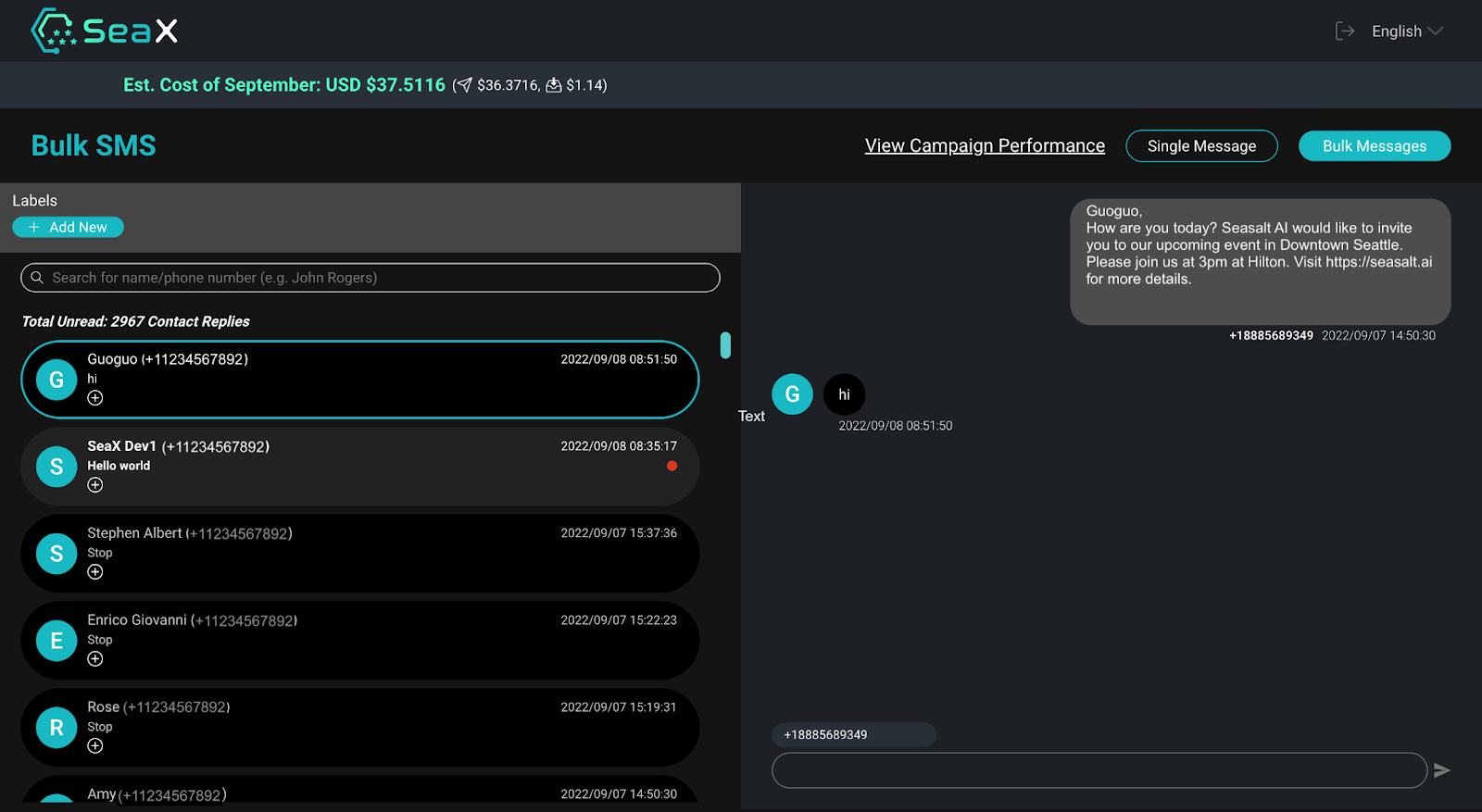 Addressing incoming responses from a bulk SMS campaign with SeaX.