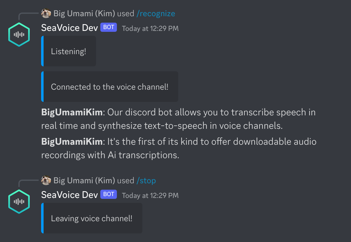 SeaVoice Discord Bot transcribing speech from a voice channel in real-time.