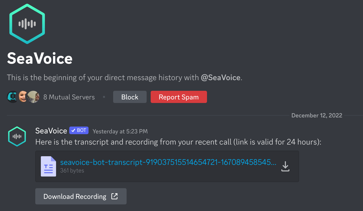 SeaVoice Discord Bot sends a DM with transcription and audio downloads after each session.
