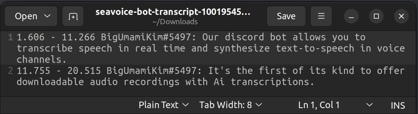 Downloadable transcription file sent by SeaVoice Discord Bot.