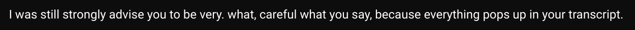 A SeaVoice user warns another participant to be conscious that what they say will end up in the transcript.