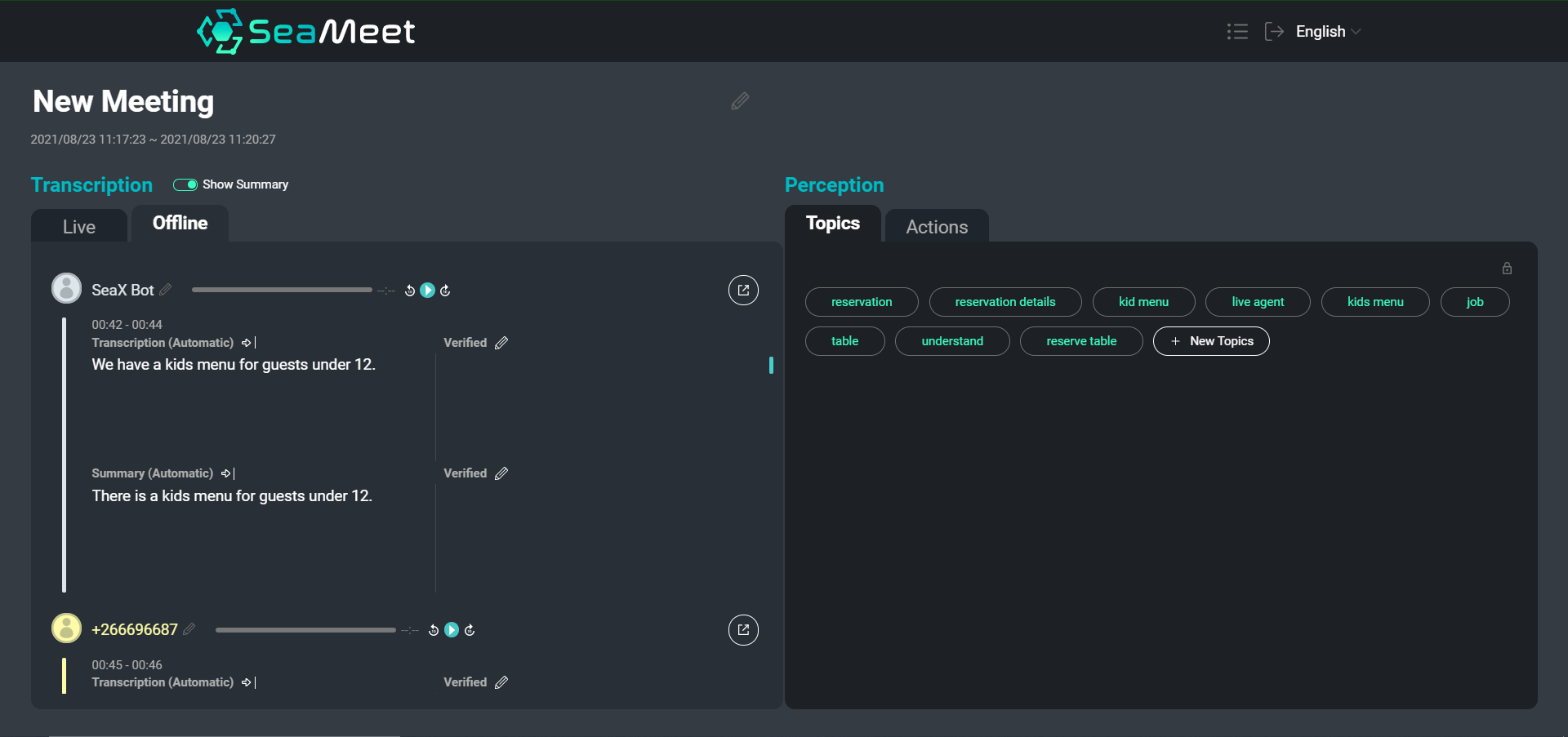 Seasalt.ai's SeaMeet interface, featuring user utterances with their short summaries