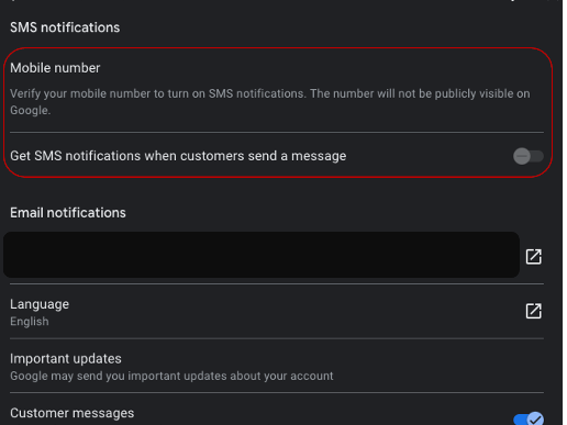 Mobile number field indicating where Google Business Profile chat notifications will be received