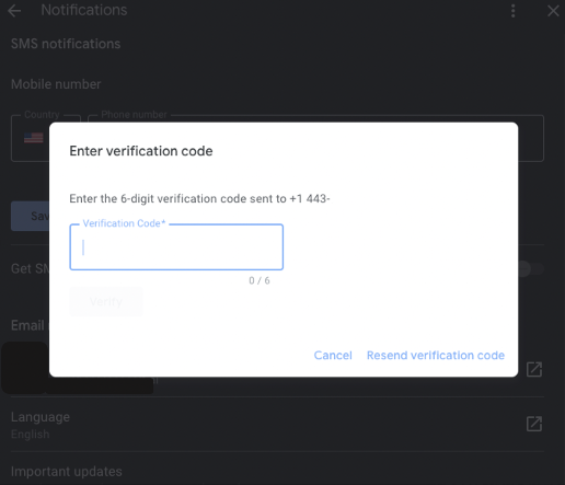 Verification code field to enable text notifications from Google Business Profile chat interactions