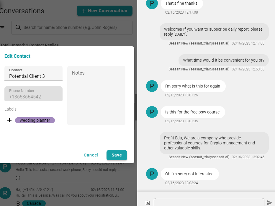 SeaX Messaging introduces freeform notes for your bulk messaging contacts.