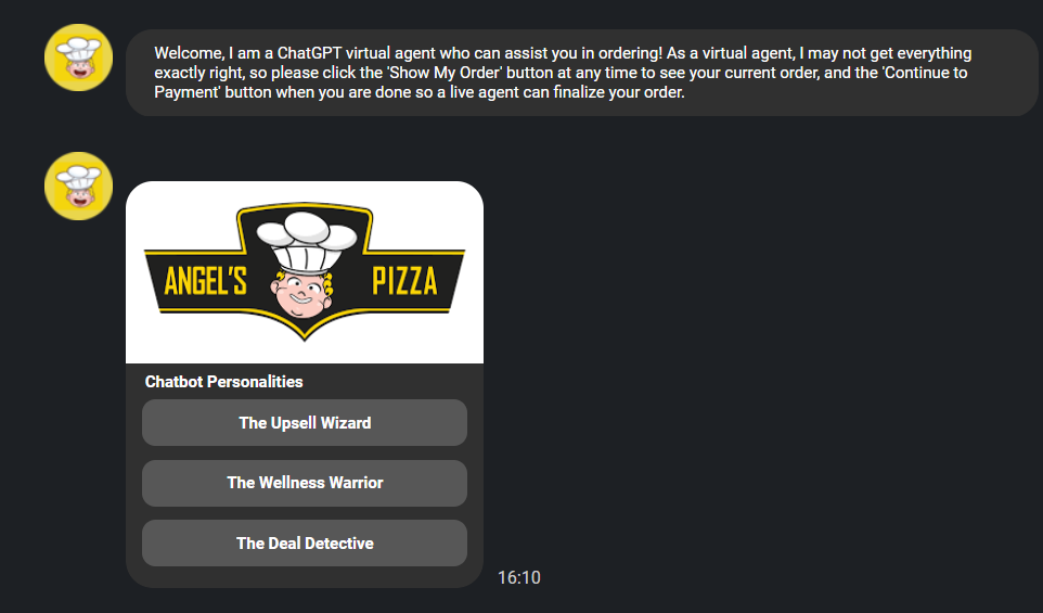 The SeaChat Pizza Ecommerce chatbot can talk to you with one of three personalities: the Upsell Wizard, the Wellness Warrior and the Deal Detective.